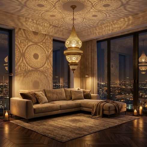 Authentic Moroccan Lighting – Gold Brass Pendant Lamp with Hand-Hammered Filigree Design for Living Room Decor