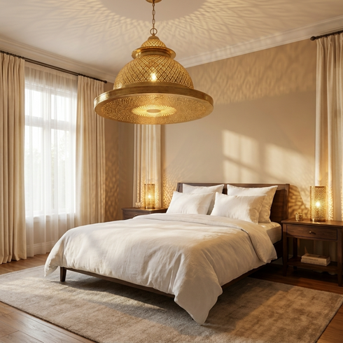 Authentic Handmade Moroccan Lamp – Gold Brass Pendant Light with Intricate Perforated Geometric Design for Living Room Decor