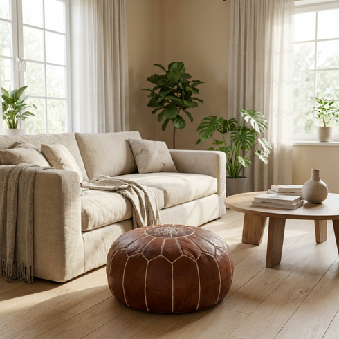 Handmade Moroccan Pouf - Brown Genuine Leather - Boho Chic Floor Seat - Hand-Stitched Embroidery