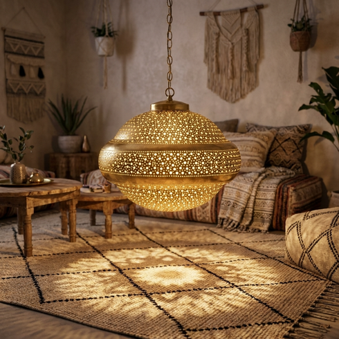 Moroccan Pendant Light – Brass Filigree Bedroom