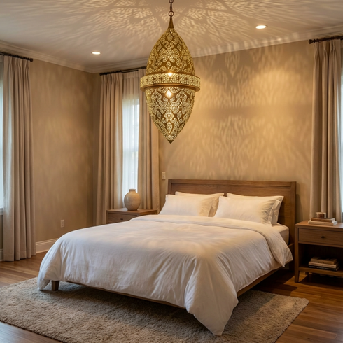 Solid Brass Fixture - Boho Bedroom Mood Lighting - Shadow Casting Filigree