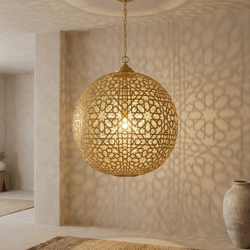 Authentic Handmade Moroccan Lamp – Gold Brass Globe Pendant Light for Elegant Living Room Statement Lighting