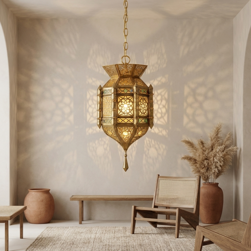 Moroccan Lamp with Colored Glass – Hanging Pendant Light (pl-2017)