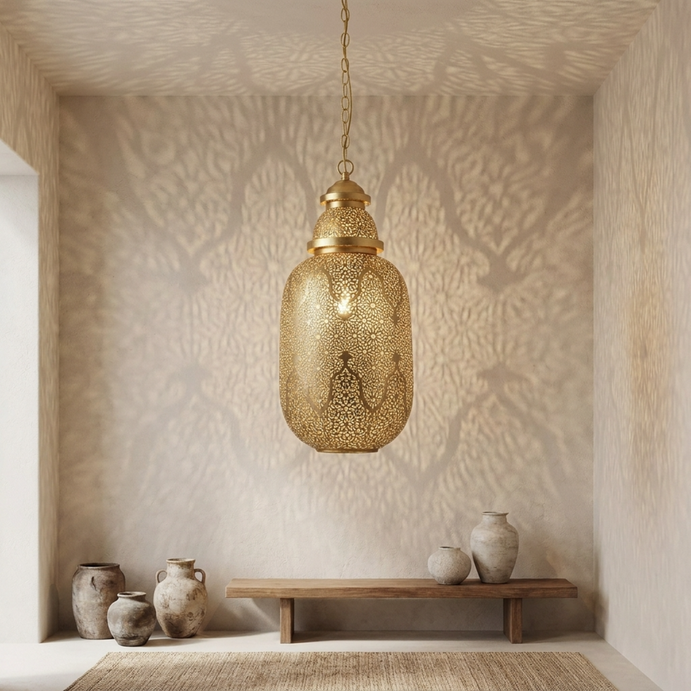 Moroccan Pendant Light – Geometric Filigree Brass Lamp