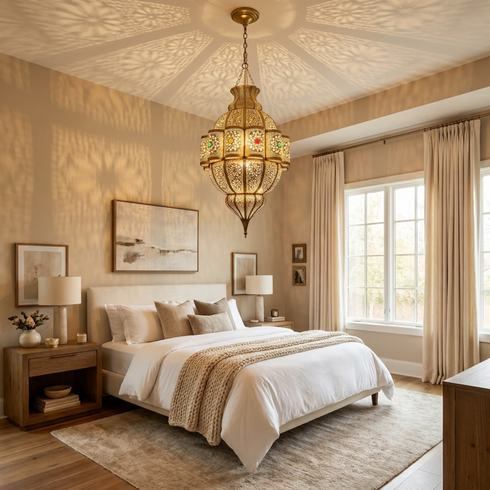 Handmade Moroccan Pendant Lamp – Gold Brass Statement Light with Filigree Pattern for Living Room Decor