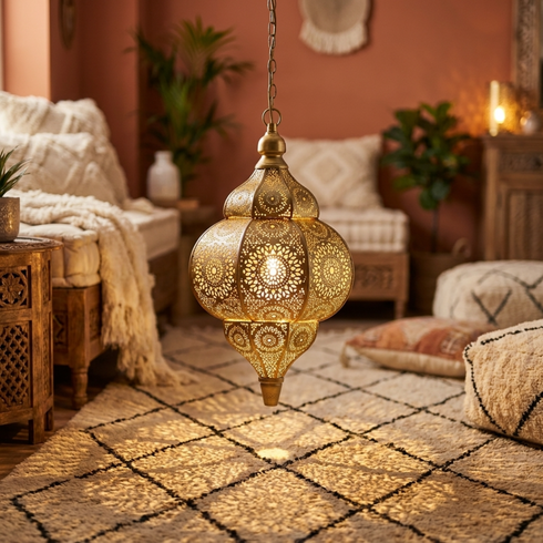 Authentic Handmade Moroccan Lamp – Gold Brass Teardrop Pendant with Intricate Shadow Casting Boho Design