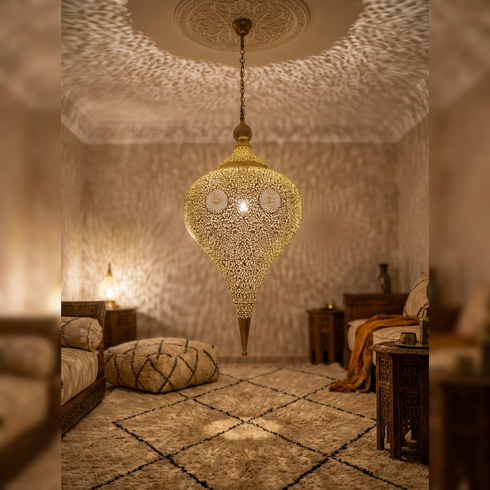 Teardrop Pendant Moroccan Brass Lamp - Living Room Statement Lamp