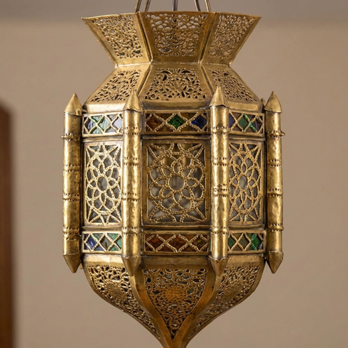 Moroccan Lamp with Colored Glass – Hanging Pendant Light (pl-2017)