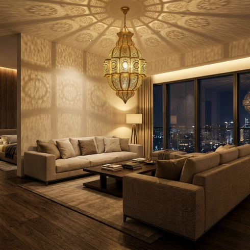 Filigree Moroccan Chandelier – Brass Openwork Lamp Statement Light