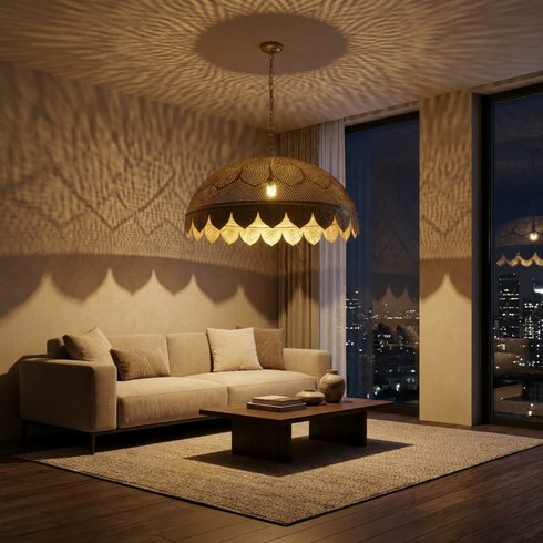 Authentic Handmade Moroccan Lamp – Gold Brass Pendant Light with Oversized Scalloped Dome for Living Room Decor