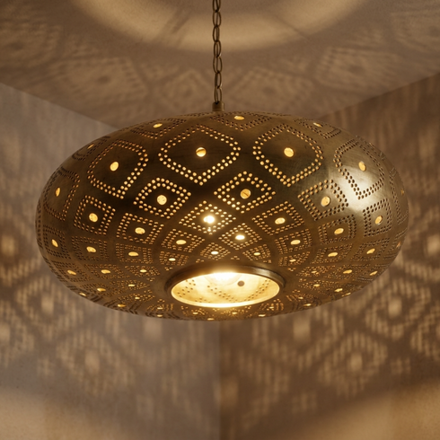 Brass Pendant Light – Moroccan Filigree Openwork Living Room