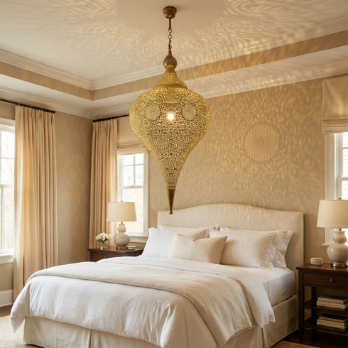 Teardrop Pendant Moroccan Brass Lamp - Living Room Statement Lamp