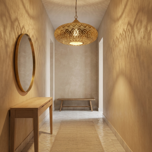 Authentic Handmade Moroccan Lamp – Gold Brass Globe Pendant Light with Intricate Shadow Casting Patterns