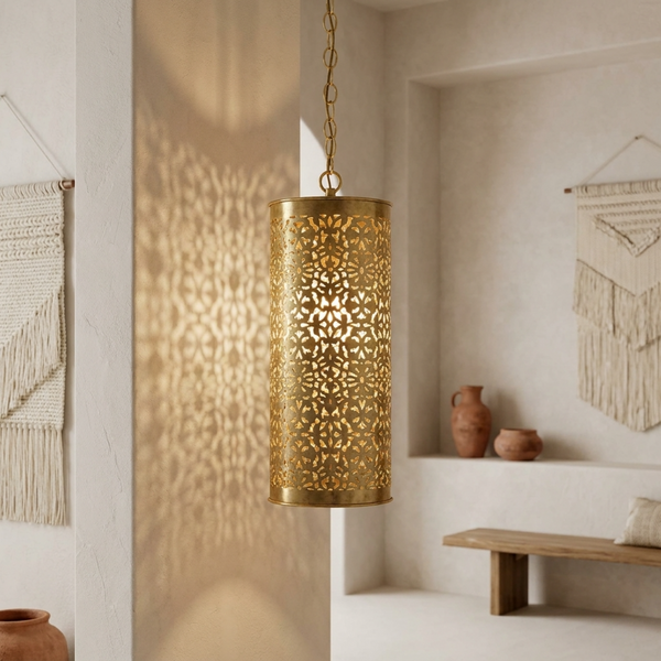 Authentic Handmade Moroccan Lamp – Oxidized Brass Pendant Light with Intricate Filigree Shadow Casting for Boho Hallway Decor