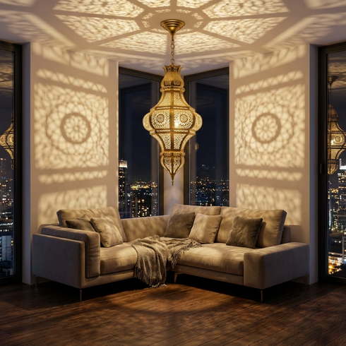 Handmade Moroccan Lamp - Gold Brass Pendant - Living Room Statement Lamp