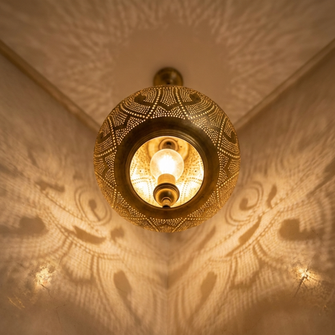 Authentic Handmade Moroccan Lamp – Gold Brass Teardrop Pendant Lantern with Intricate Filigree Design for Entryway Decor