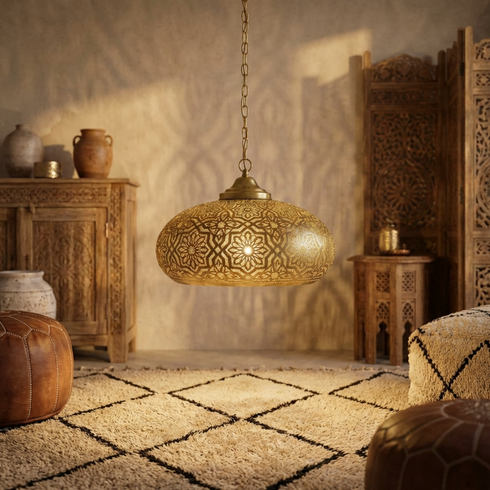 Authentic Moroccan Hanging Lamp - Gold Brass Pendant - Boho Bedroom Mood Lighting