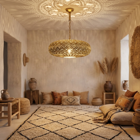 Authentic Handmade Moroccan Lamp – Gold Brass Pendant Chandelier with Intricate Filigree Shadow Casting for Dining Room Decor