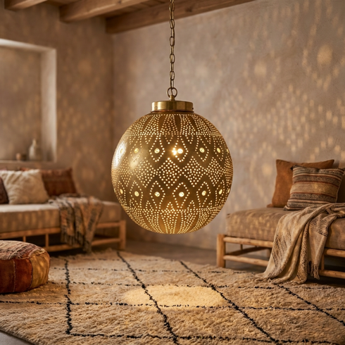 Moroccan Pendant Light – Filigree Openwork Brass Lamp Bedroom