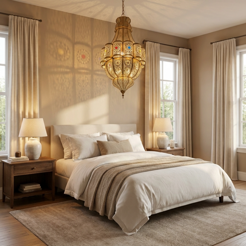 Filigree Moroccan Chandelier – Brass Openwork Lamp Living Room