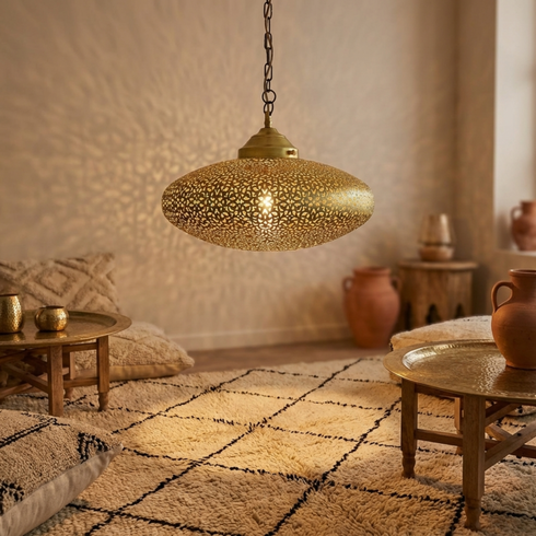 Floral Moroccan Brass Pendant Light - Handmade Shadow Lantern (pl-2024)