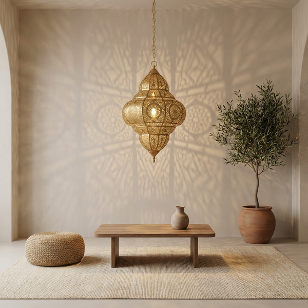 Handmade Moroccan Hanging Lamp - Gold Brass Finish - Intricate Shadow Casting