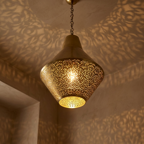 Handmade Moroccan Brass Lamp – Gold Pendant Light with Geometric Filigree Design for Kitchen Island Lighting