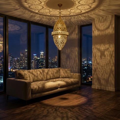 Solid Brass Fixture - Boho Bedroom Mood Lighting - Shadow Casting Filigree