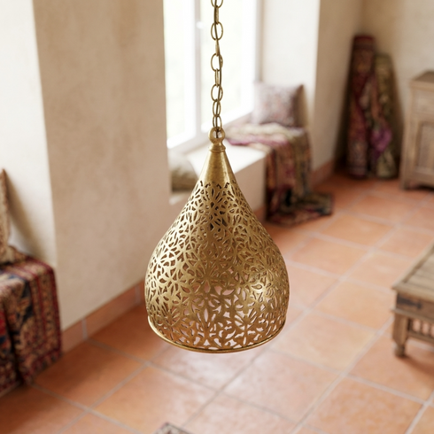 Authentic Handmade Moroccan Lamp – Oxidized Brass Teardrop Pendant Light with Intricate Filigree Shadows
