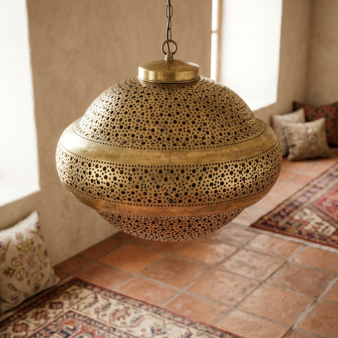 Moroccan Pendant Light – Brass Filigree Bedroom