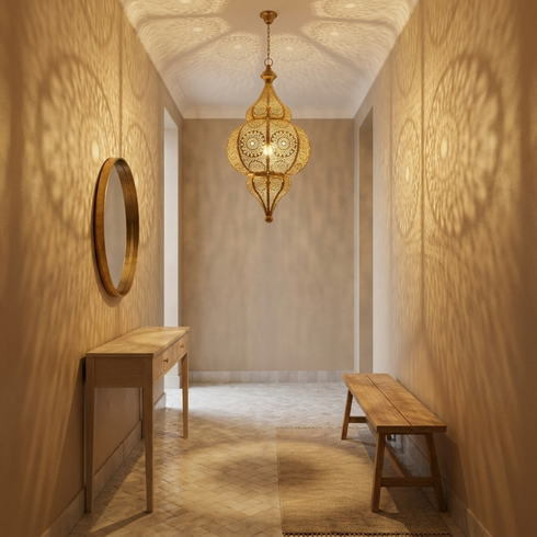 Authentic Handmade Moroccan Lamp – Oxidized Brass Teardrop Pendant with Warm Bedroom Mood Lighting Design