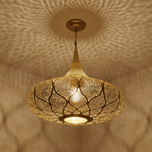 Authentic Handmade Moroccan Lamp – Gold Brass Pendant Light with Intricate Filigree Shadow Patterns