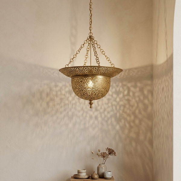 Authentic Moroccan Hanging Lamp – Oxidized Brass Pendant Light with Intricate Filigree Detail for Bedroom Mood Lighting