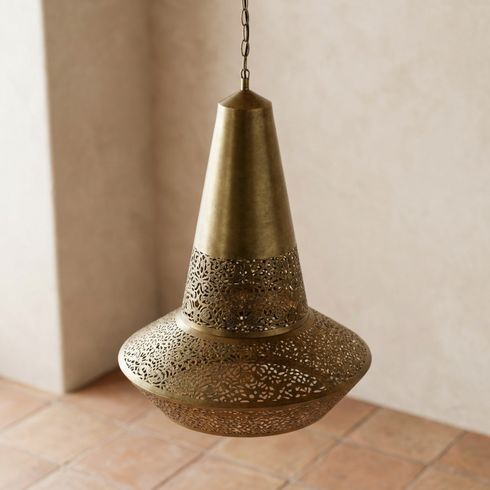Authentic Handmade Moroccan Lamp – Oxidized Brass Teardrop Chandelier with Intricate Filigree Design for Dining Room Decor