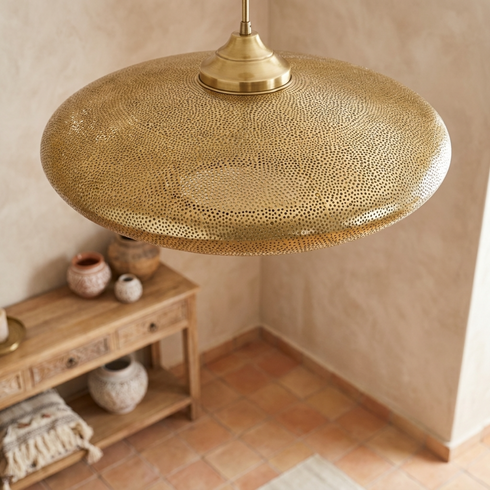 Authentic Handmade Moroccan Lamp – Gold Perforated Brass Ceiling Pendant Light for Living Room Statement Lighting