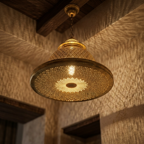 Authentic Handmade Moroccan Lamp – Gold Brass Pendant Light with Intricate Perforated Geometric Design for Living Room Decor