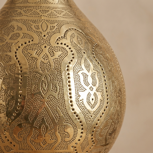 Authentic Moroccan Teardrop Pendant Lamp – Hand-Hammered Brass Hanging Light with Shadow Casting Mood Lighting Design