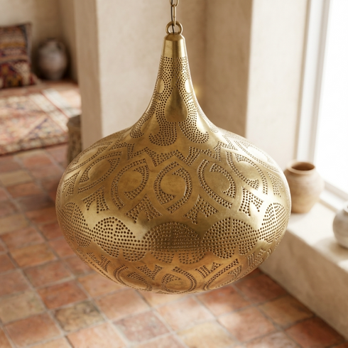 Moroccan Chandelier – Filigree Brass Openwork Lamp Statement Light