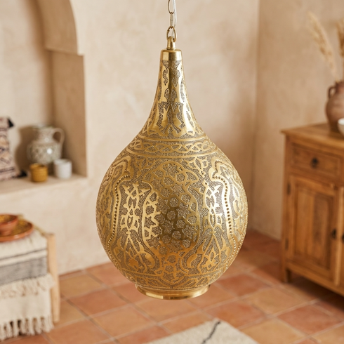 Authentic Moroccan Teardrop Pendant Lamp – Hand-Hammered Brass Hanging Light with Shadow Casting Mood Lighting Design