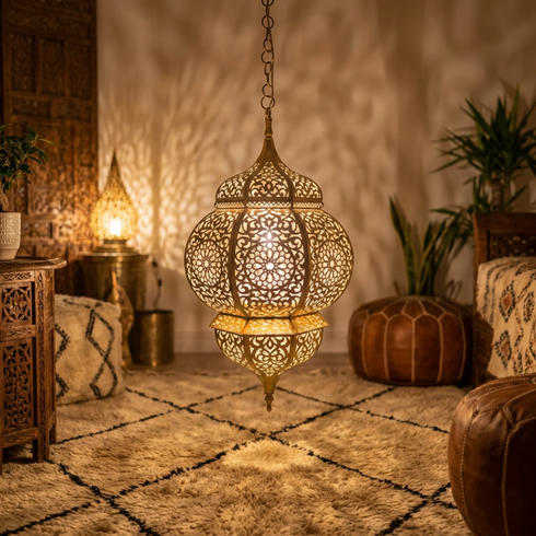 Handmade Moroccan Lamp - Gold Brass Pendant - Bedroom Mood Lighting