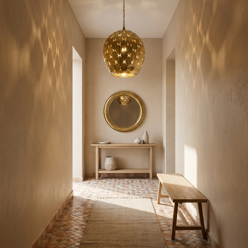 Authentic Handmade Moroccan Lamp – Gold Brass Hand-Hammered Globe Pendant Light for Cozy Boho Bedroom Decor