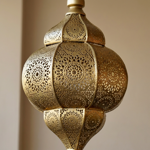 Authentic Handmade Moroccan Lamp – Gold Brass Teardrop Pendant with Intricate Shadow Casting Boho Design