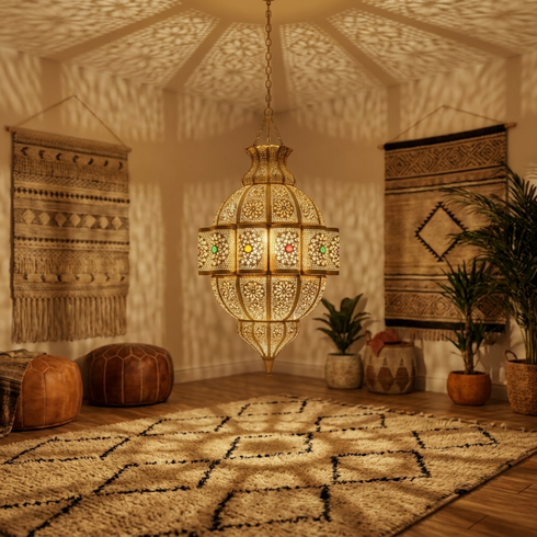 Handmade Moroccan Pendant Lamp – Gold Brass Statement Light with Filigree Pattern for Living Room Decor