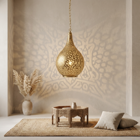 Authentic Moroccan Teardrop Pendant Lamp – Hand-Hammered Brass Hanging Light with Shadow Casting Mood Lighting Design