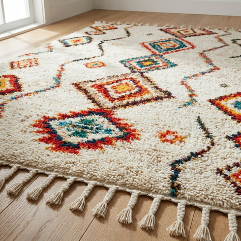Handmade Azilal Rug - Plush Natural Wool - Vibrant Boho Living Room Decor