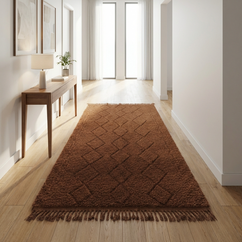 Brown Moroccan Berber Rug - High Pile Natural Wool - Modern Plush Living Room Decor