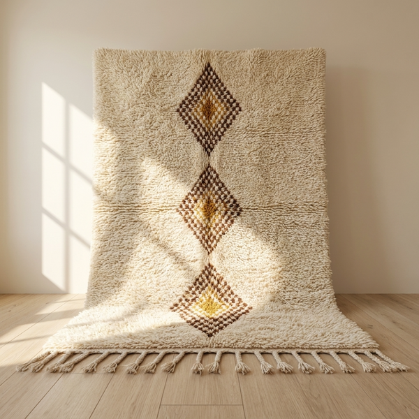 Beni Ourain Rug – Ivory Shaggy Diamond Wool Rug