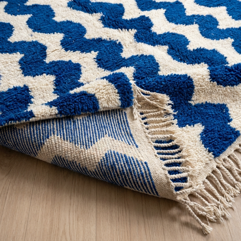 Modern Moroccan Wool Rug - High Pile Shaggy Texture - Vibrant Blue Geometric Wave Design