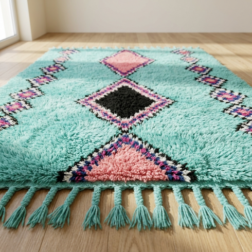 Handmade Azilal Rug – Colorful Shaggy Wool Area Rug with Vibrant Geometric Pattern