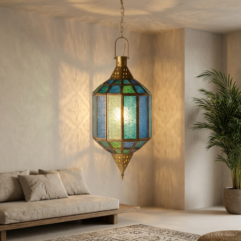 Handmade Moroccan Glass Lantern - Blue Brass Mosaic Pendant